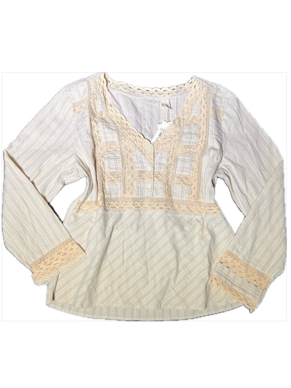 NWT J. Jill Cream Striped Peasant Blouse in Stone, V Neck Lace Boho Size 14